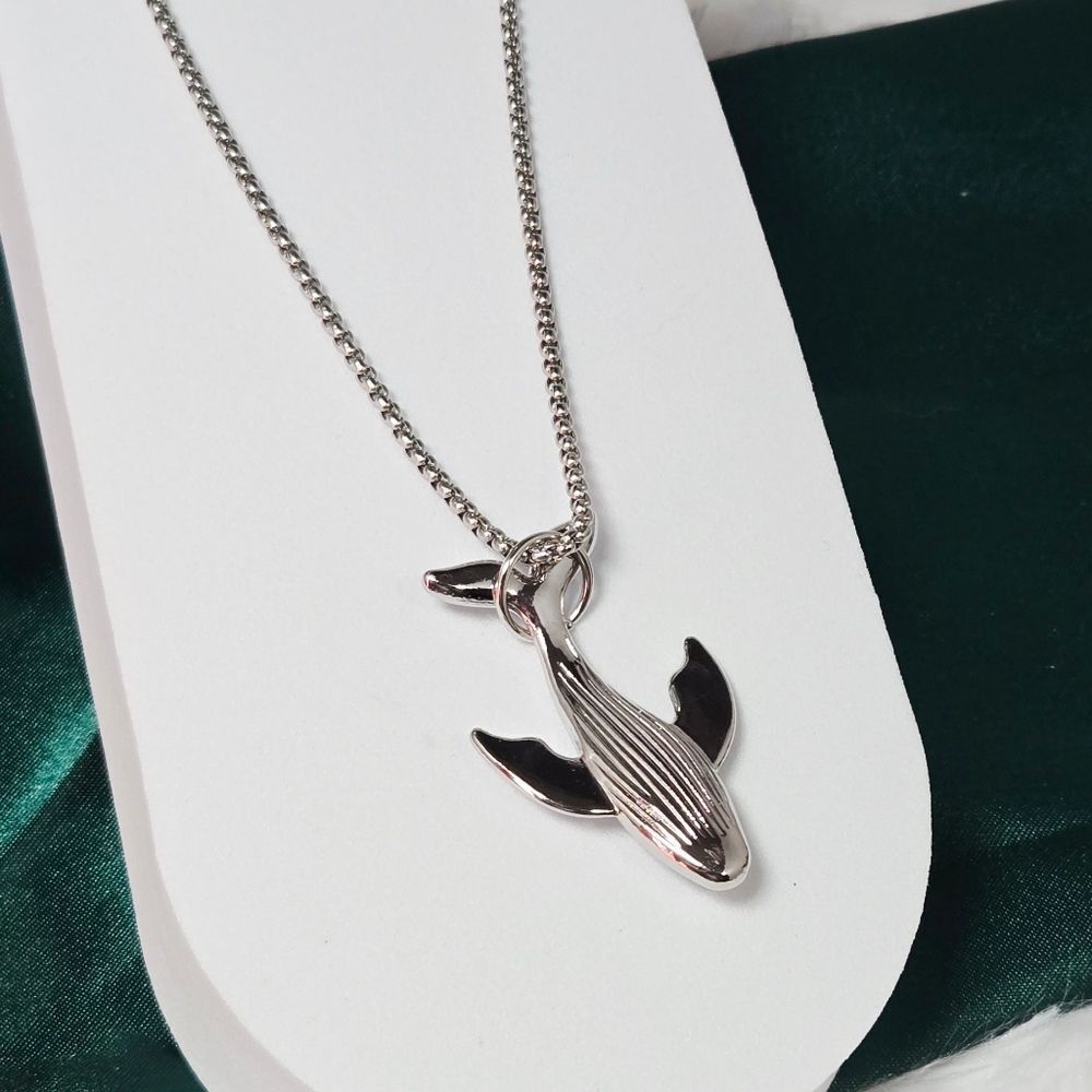 Humpback Whale Pendant Necklace 24” Stainless Steel Coastal Beachy Vacation Chic